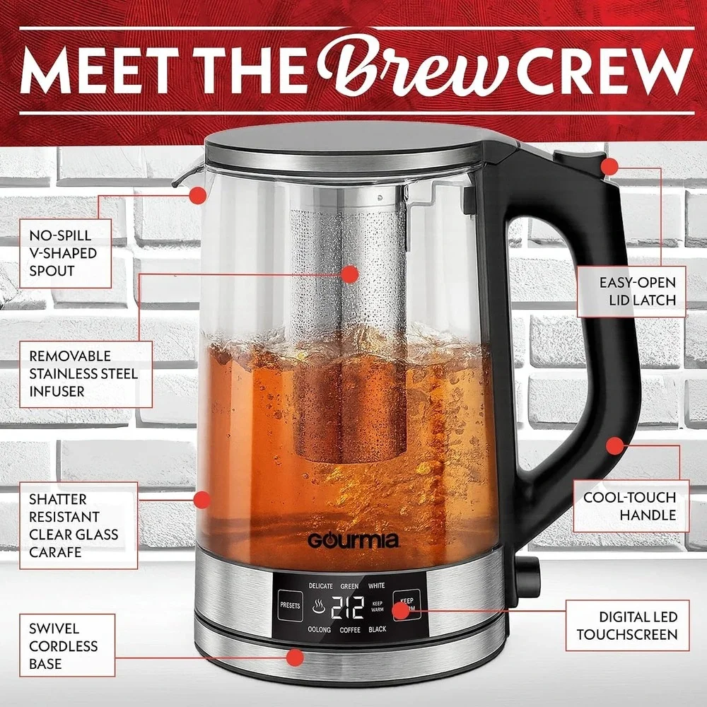 Gourmia Precision Brew 1.7L Electric Glass Kettle Removable Infuser New in Box!